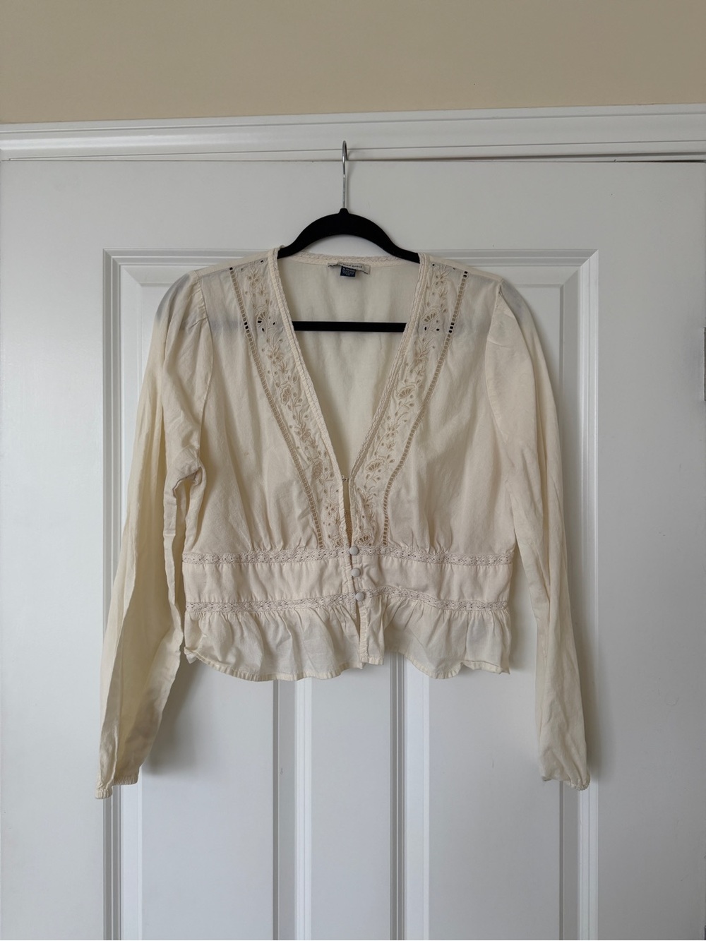 American Eagle Outfitters Cream Lace-Trim V-Neck Peplum Top